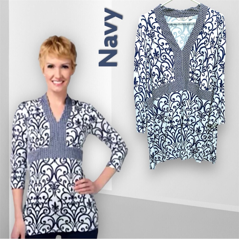 Liz Claiborne 3/4 Sleeve Twin Print Knit Tunic, 2X Ivory/Navy